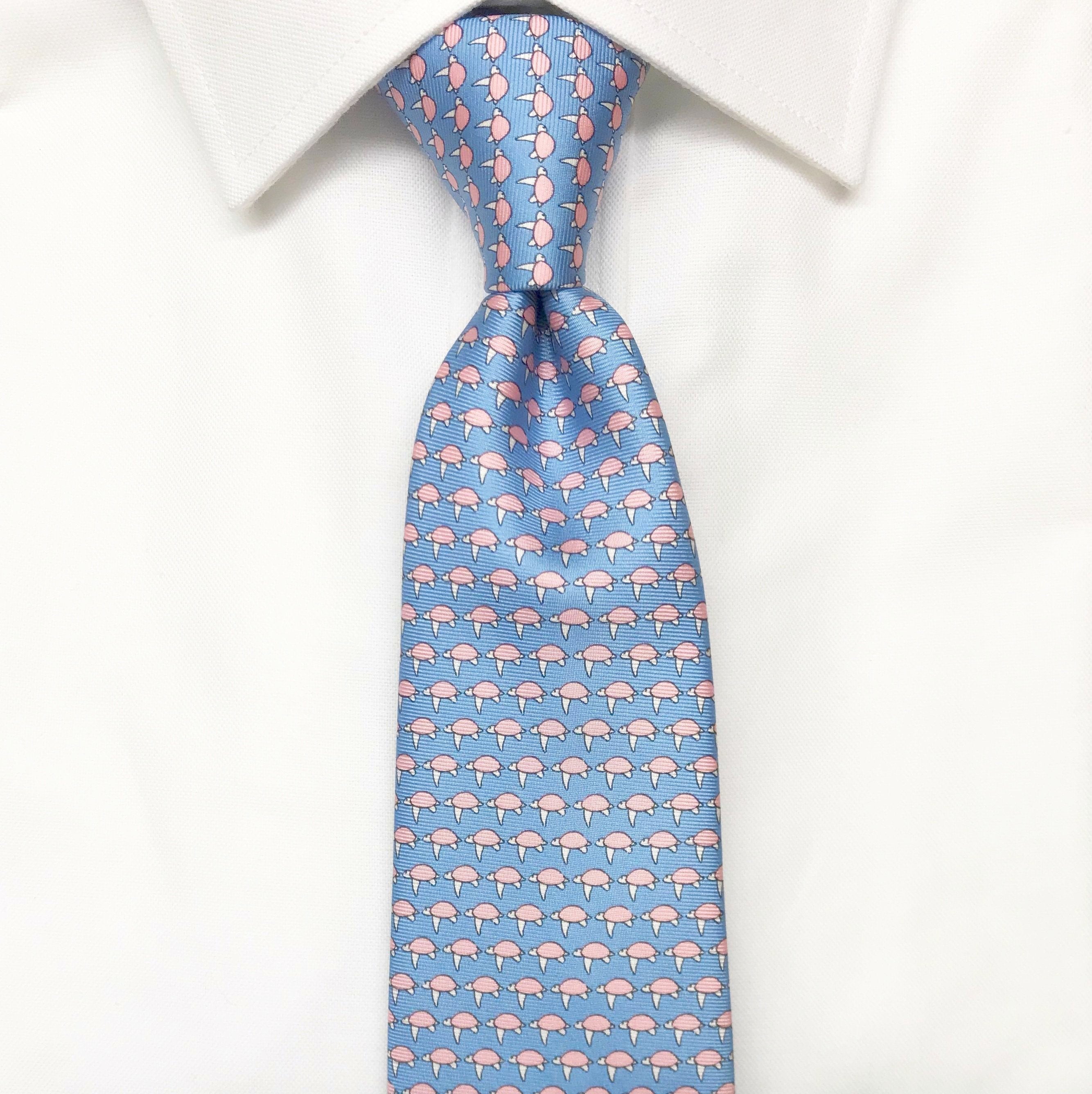 light blue sea turtle animal printed silk tie