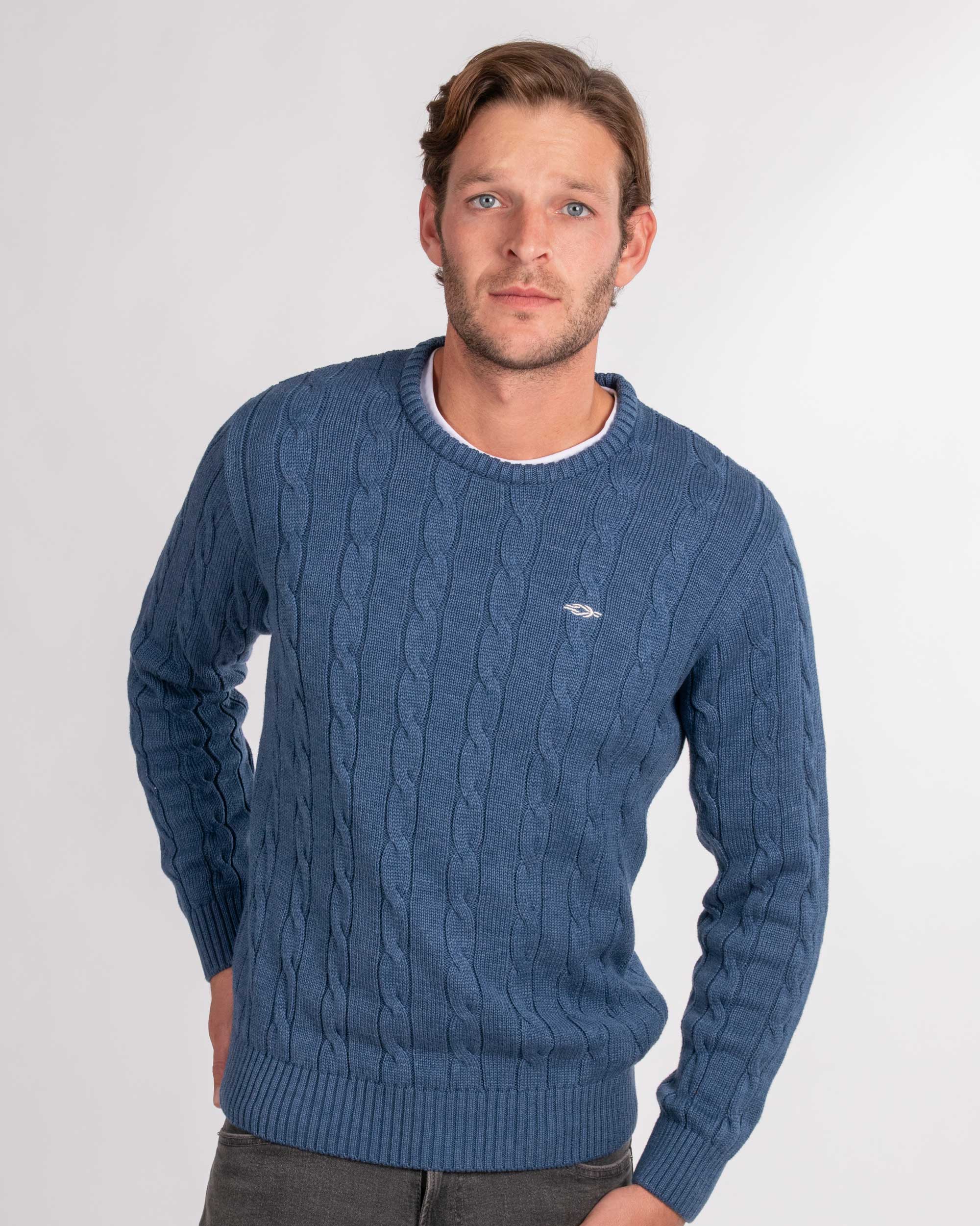 Mens blue cable knit jumper best sale