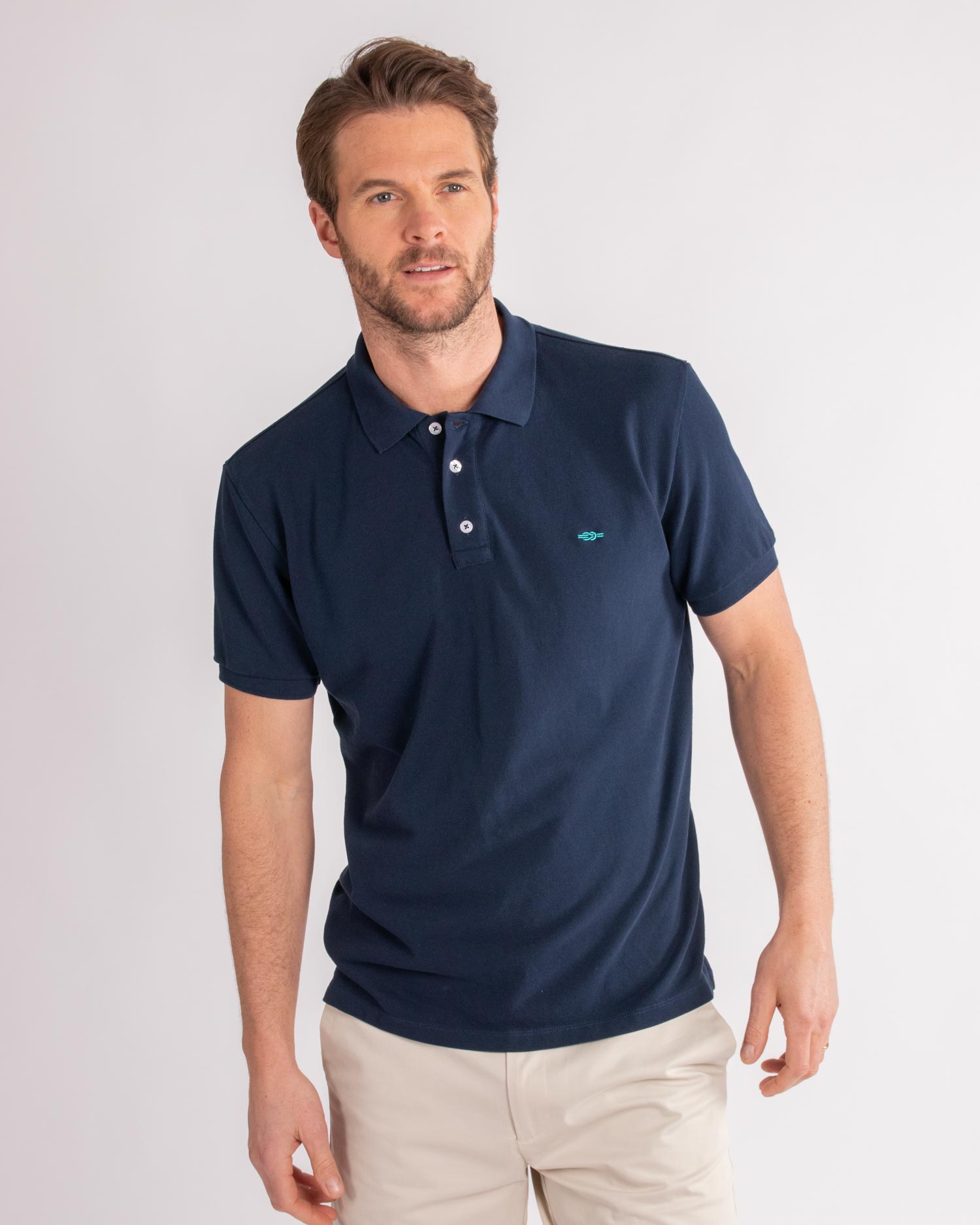 Navy Organic Cotton Polo Shirt Teal Embroidery