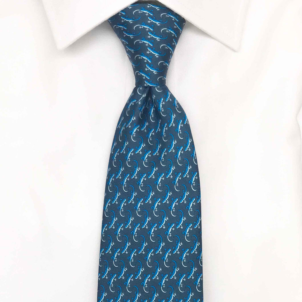 navy gecko printed silk tie