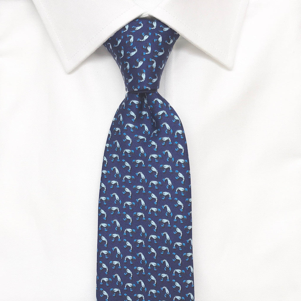 blue lobster printed silk tie