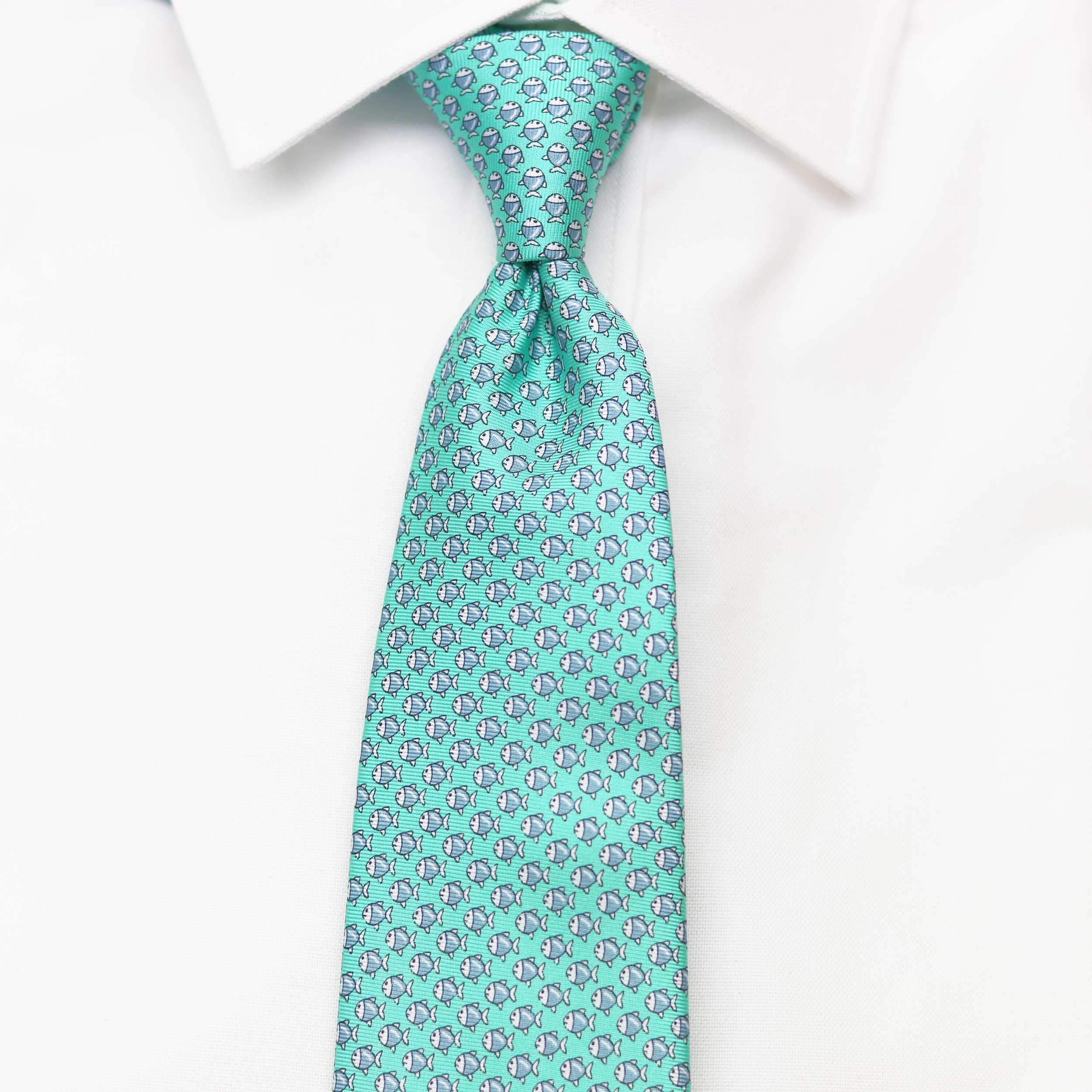green fish printed silk tie