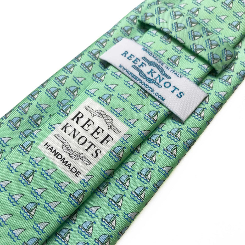 green boats and sharks printed silk tie