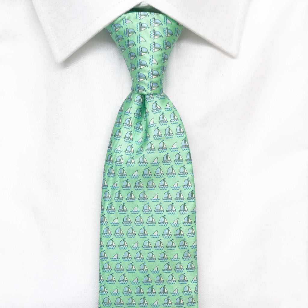 green boats and sharks printed silk tie