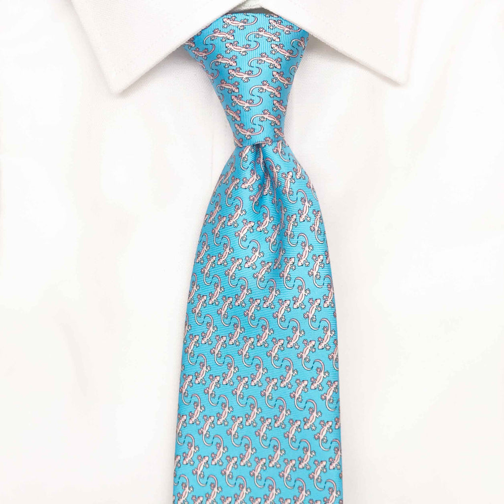 light blue gecko printed silk tie