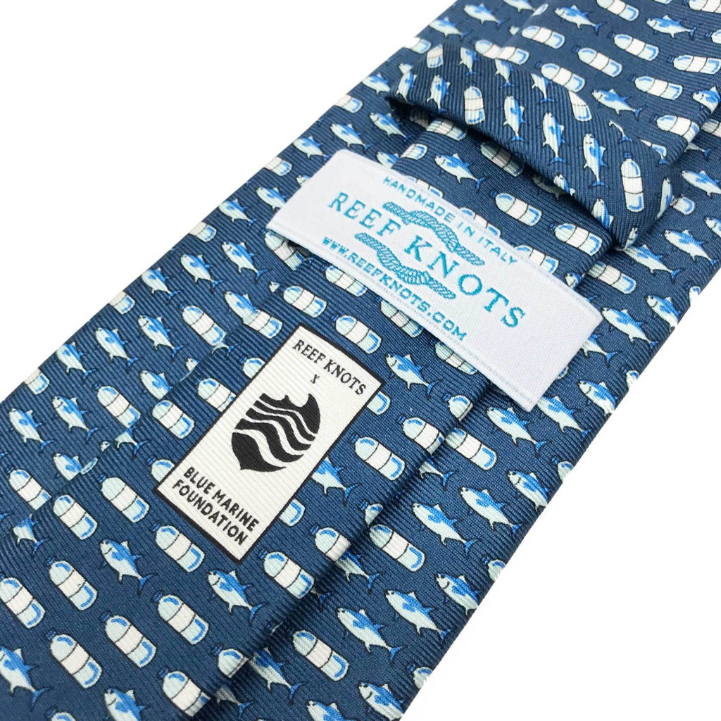 Navy blue fish printed silk tie