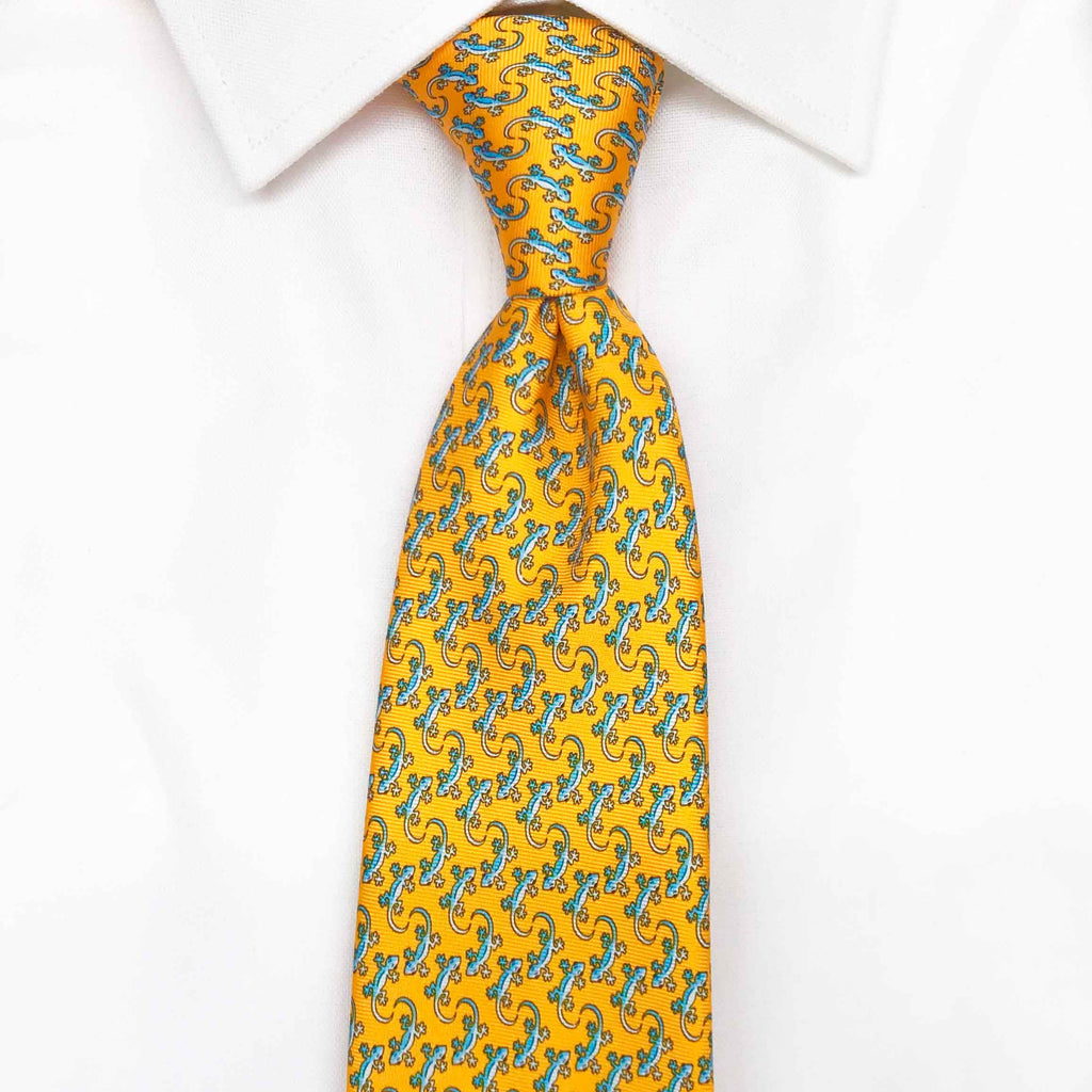 orange gecko printed silk tie