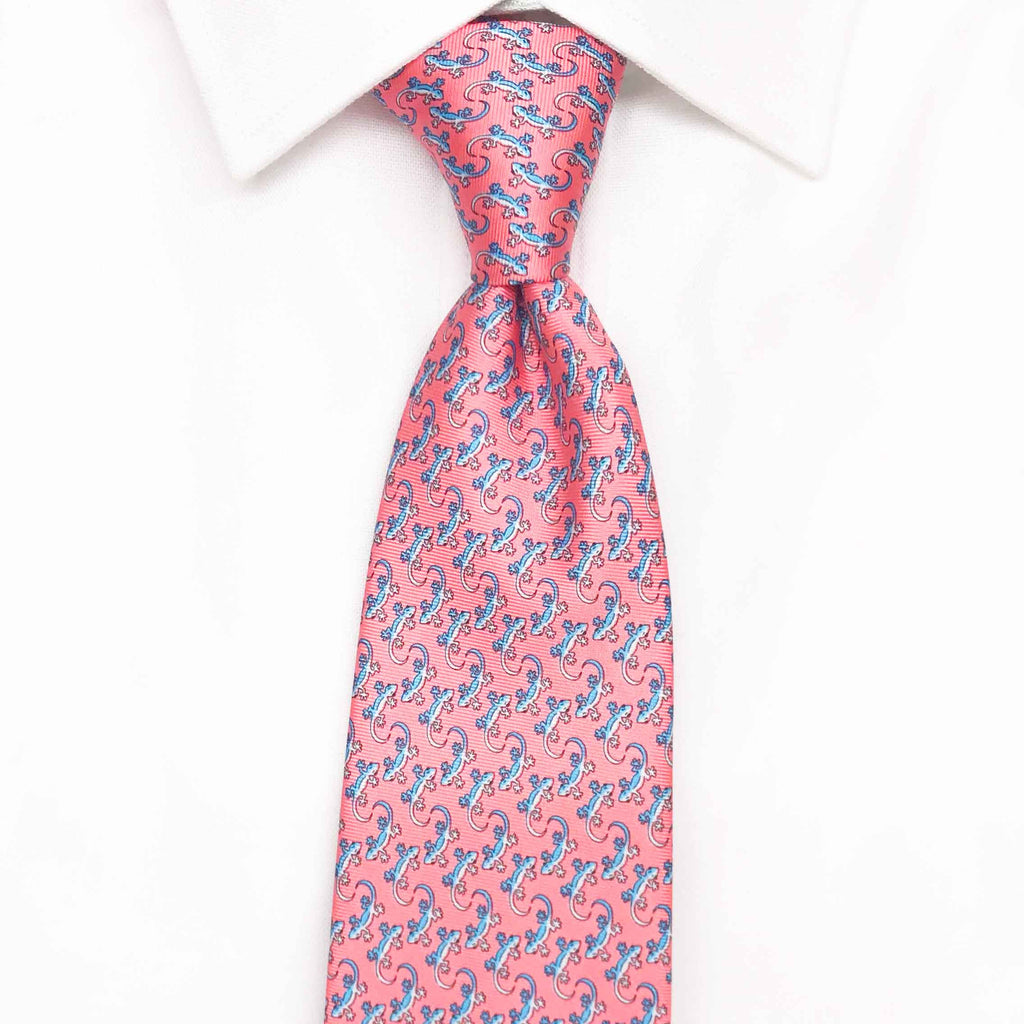pink gecko printed silk tie