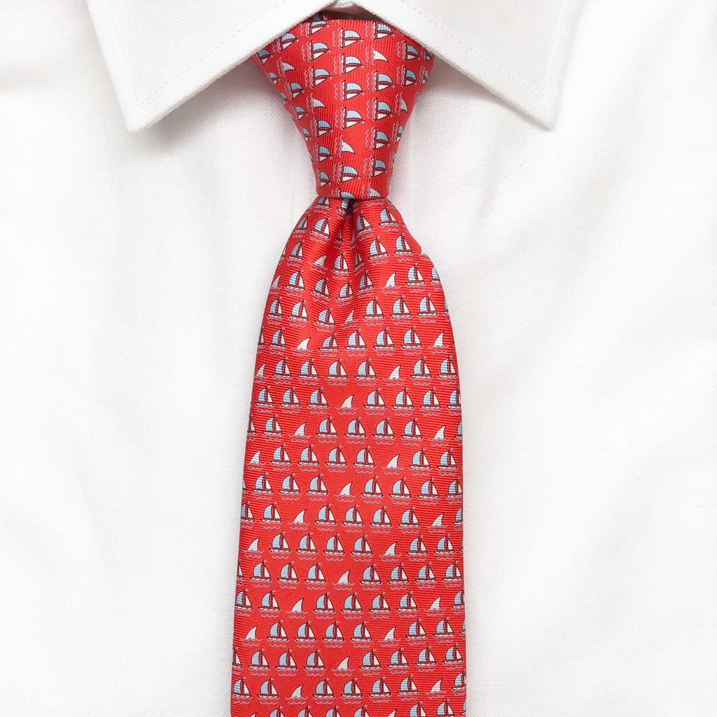 red boats and sharks printed silk tie