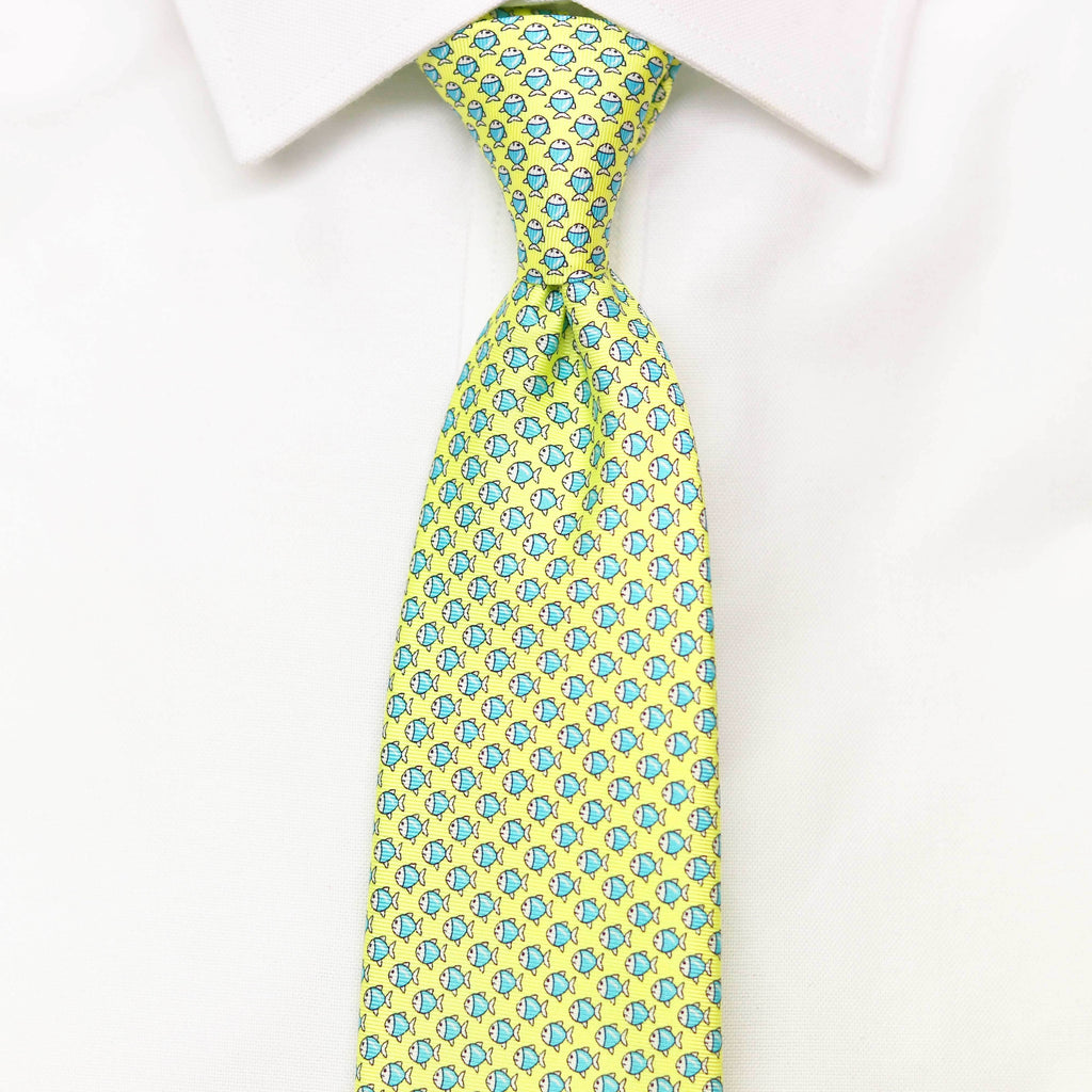 yellow fish printed silk tie