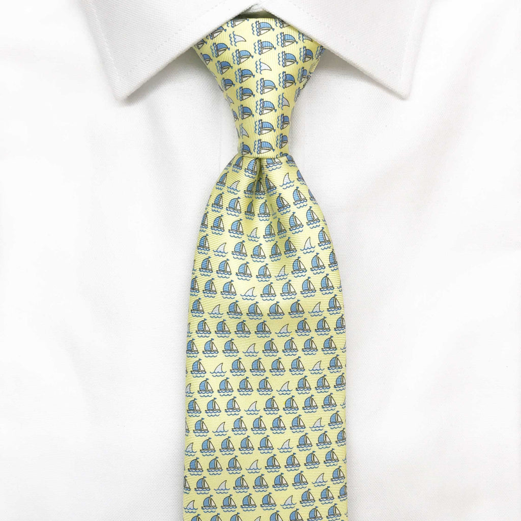 yellow boats and sharks printed silk tie