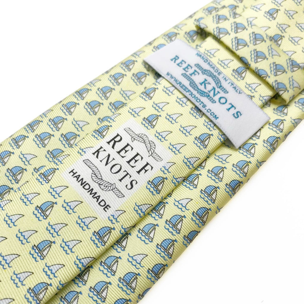 yellow boats and sharks animal printed silk tie